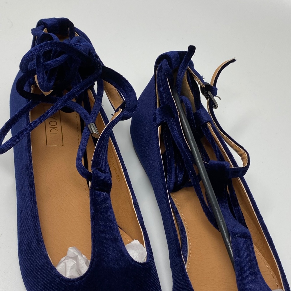 Yoki Womens Urban-80 Ankle Tie T-Strap Flats Shoes Navy Blue Velvet 7 7.5 8.5 - Picture 3 of 12